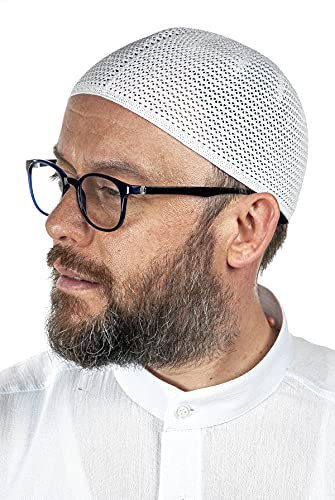 Türkische muslimische Premium-Strickmützen für Männer, Taqiya, Takke, Peci, islamische Mützen, islamische Geschenke, Standardgröße, Weiss/opulenter Garten, Einheitsgröße