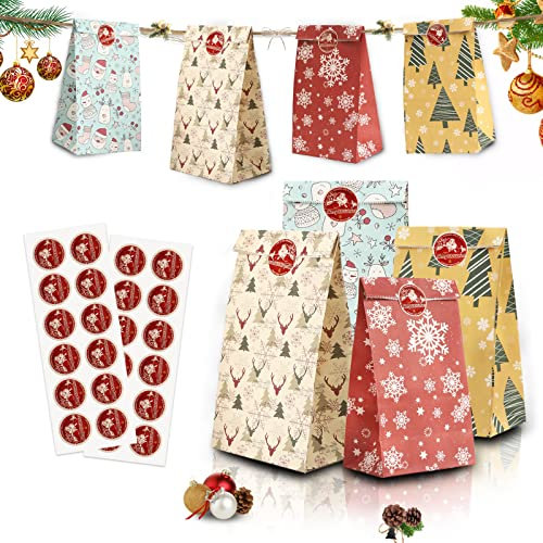 Mizijia Weihnachten Kraftpapier Geschenktüten, 24 Papiertüten, Tüten Weihnachten Geschenktüten, DIY Papier Candy Tüten, Verpacken von Geschenken, Kindergeburtstag, Hochzeit,Party 12 * 8 * 22.5CM