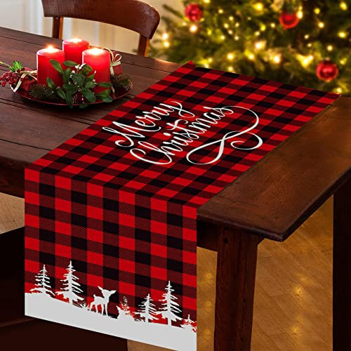 Weihnachten Tischläufer, wasserdichte Lang Schwarz Rot Buffalo Plaid Weihnachtsläufer Weihnachtstischdecke 180 x 34 cm, Rechteckige Weihnachtstischläufer Tischdecke für Weihnachten Tischdeko