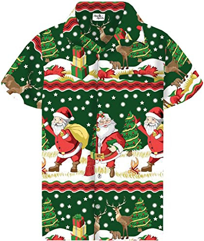 King Kameha Funky-Hawaii-Hemd, Weihnachten, Herren, Kurzarm, Christmas-Border-Print, Grün, 5XL