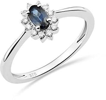 MIORE Schmuck Damen 0.07 Ct Diamant Blume Verlobungsring mit Edelstein Geburtsstein natürlicher ovaler blauer Saphir umgeben von 12 Diamanten Brillanten klassischer Ring aus Weißgold 9 Karat 375 Gold