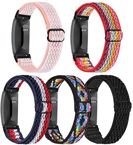 Verstellbares, elastisches Armband für Inspire 2 / Inspire / Inspire HR, elastisches weiches Nylon, sportlich, atmungsaktiv, Ersatzarmband für Damen und Herren, 5 Stück, Kein Edelstein