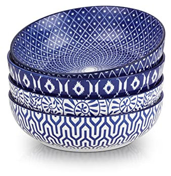Selamica Salatschüssel Groß Tief, 1300 ml Pastateller, Porzellan Suppenteller, Tiefe Teller, Flach Bowl Schüssel für Spaghetti, Stapelbar, Mikrowellen- und Spülmaschinenfest, Vintage Blau