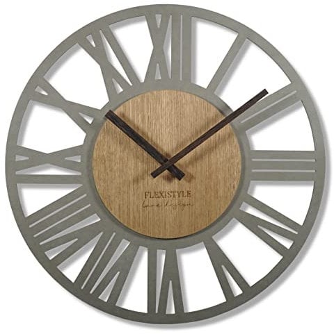 FLEXISTYLE Wanduhr groß Adulto 50cm Durchmesser LOFT Retro aus Holz Eiche ohne tickgeräusche Wohnzimmer (Grau/Eiche)