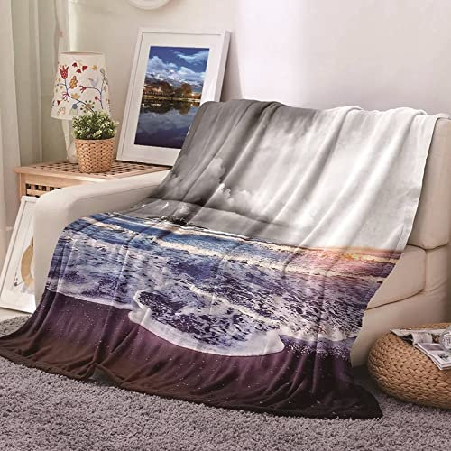 Throw Blanket, Wohndecke mit Motiv Flanell Weiß Blau Kuscheldecke Wellen Flanelldecke 180x220CM Weich Kuschelig Warm Sofa Bett Geschenk