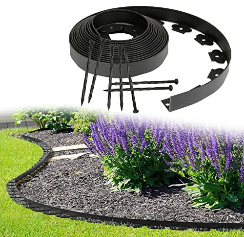 Vigevee Bordure de Pelouse en Plastique, 10m Flexible Bordure de Jardin avec 30 Piquets d'ancrage Bordure de Gazon Décorative de Jardin, Bordure de Parterre Flexible Hauteur 5cm Noir