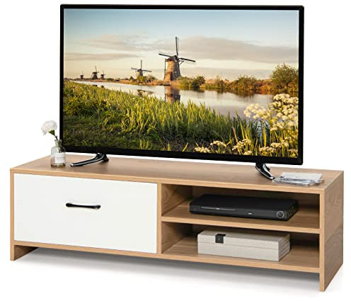 COSTWAY TV Stand for TVs up to 55 Inches, Wooden TV Cabinet Media Entertainment Center with Drawer and 2-Tier Storage Shelf, Modern TV Unit Television Console Table for Living Room Bedroom