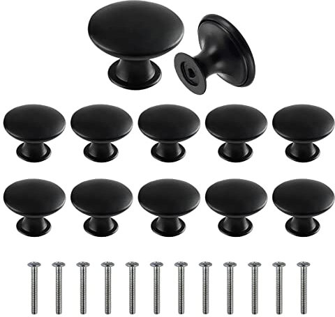 QINGHEC 12 Pcs Black Drawer Handles, Round Kitchen Cabinet Knobs, Metal Handles with Screw, Retro Black Knobs for Drawer and Wardrobe