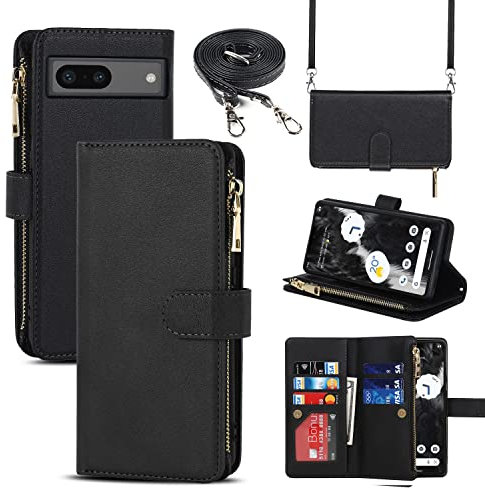 CAVOR Handykette Google Pixel 7A Hülle Mit Band,Flip Leder Geldbörse Handyhülle,[Mit 9 Kartenfach][Reißverschluss],Schutzhülle Klapphülle Handyhülle für Google Pixel 7A - Schwarz