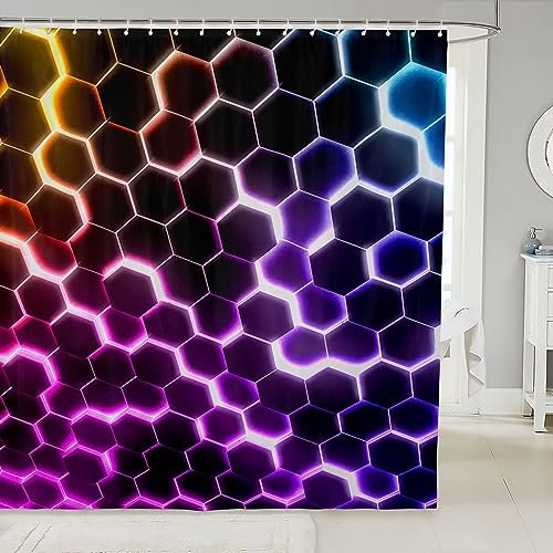 ETERIO Duschvorhang 180x200 Geometrie Sechseck, 3D Geometrie Sechseck Shower Curtains Textil Anti Schimmel Wasserdicht Duschvorhänge Badewanne Stoff Polyester Waschbar Vorhang mit 12 Haken