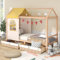 Daesar Kinderbett Hausbett 90x200 mit Rausfallschutz, Einzelbett mit Stoffvorhang und Dekoration, Funktionsbett Stauraumbett Bett mit Schubladen, Natur