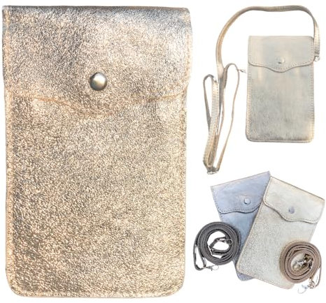 Petit Sac en Cuir Brillant fait en Italie | Petit Sac à Bandoulière Femme | Petite Sacoche Téléphone Portable | Pochette Téléphone Portable | Sac Vintage | Petit Bandoulière Couleur Dorée (25x10cm)