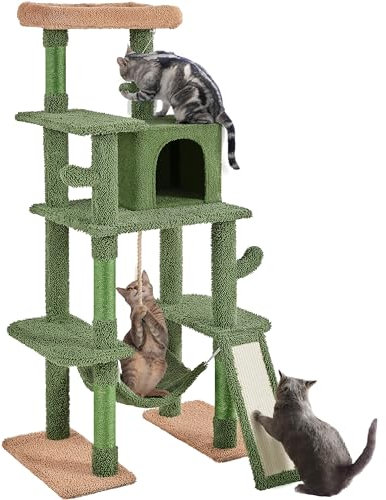 Yaheetech Kratzbaum Kaktus 160 cm hoch, Stabiler Katzenbaum Katzenkratzbaum mit 4 Sisalstämme Aussichtsplattform Katzenhöhle Kratzbrett Hängematte, Grün/Braun