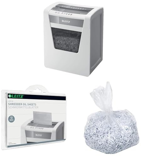 Leitz IQ Set Aktenvernichter Office Sicherheitsstufe P4, Partikelschnitt, 17-15 Blatt Kapazität (70-80 g/m²), 23L Abfallbehälter, 80030000 + IQ Ölblätter 80070000 + IQ Poly-Auffangbeutel 80080000
