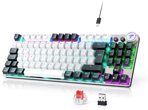TECURS Mechanische Gaming Tastatur Kabellos, 80% TKL Beleuchtete Wireless Mechanical Keyboard Red Switch QWERTZ Tastatur für PC Laptop Windows (FR-Schwarz Weiß)