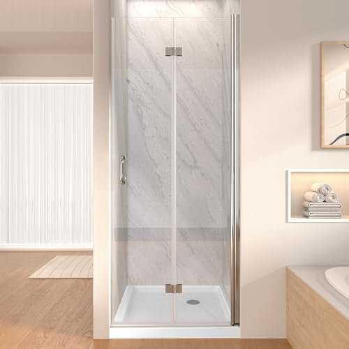 Duschtür Faltbar, 79-80cm B x 195cm H Duschfalttür, 6mm ESG Sicherheitsglas mit Splitterschutz & Easy-Clean, Chrom Duschkabine, Wasserabweisend Duschtüren, Platzsparend Für Kleine Badezimmer