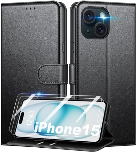 Mofurd Cover per iPhone 15 Libro in Pelle PU, [con 2 Pezzi Pellicola Vetro Temperato] Custodia Portafoglio Antiurto [Blocco RFID] [Funzione di Supporto] [Slot Schede], Nero