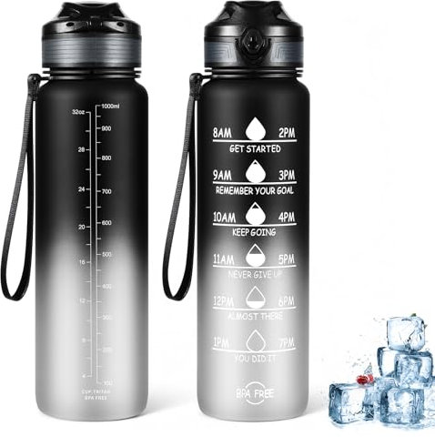 jjshund Trinkflasche 1L, Wasserflasche 1L Auslaufsicher mit Zeitmarkierung, BPA-Frei Trinkflasche Sport aus Tritan Tragbar Water Bottle Sportflasche für Gym Fitness Camping Fahrrad - Schwarz Grau