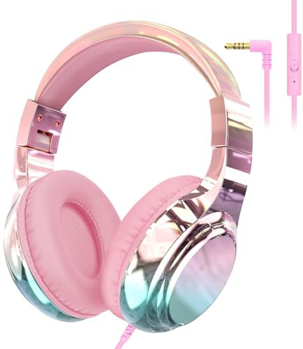 JYPS Auriculares Niños con Cable y Microfono, Ajustable Plegable Cascos Niña, 85/94dB Limitador Volumen, Auriculares Infantiles Diadema para iPad/PC/Phone (Rosa)