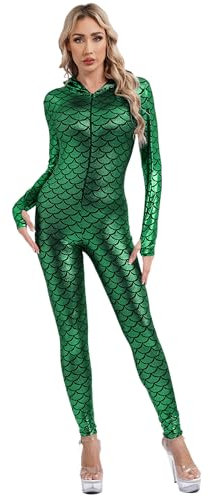 Agoky Damen Wetlook Jumpsuit Langarm Overall Meerjungfrau Print Ganzkörperanzug mit lange Hose Glänzend Catsuit Lack Leder Optik Clubwear Dunkelgrün M