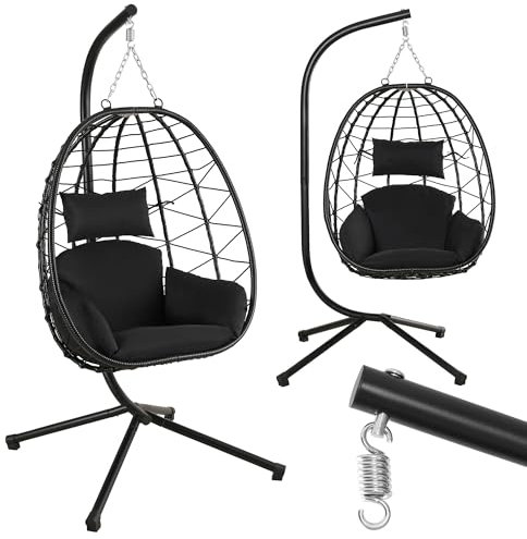 Makika Silla Colgante con Estructura de Acero Cojines para Interior y Exterior - Columpio de Jardín Ratán Cojín Grande Peso Altura Ajustable - Sala de Estar, Balcón, Terraza en Negro