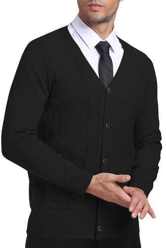 PCEAIIH Men's Cardigan Sweater Knit Jumper Buttons V Neck Shawl Collar with Pockets Classic Long Sleeve Soft Lightweight Black