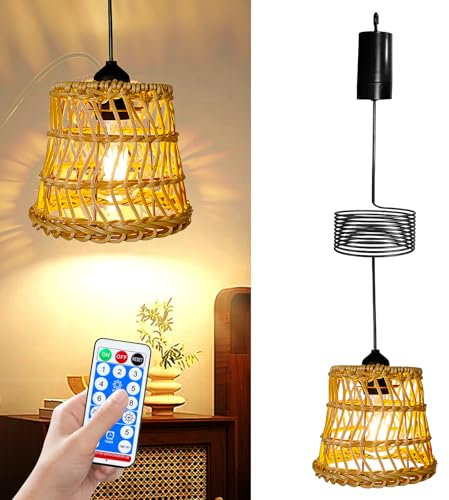 Suspension Rotin, Suspension Luminaire Avec Télécommande, Lustre E27, Suspension Luminaire Rotin Avec Câble Textile De 1 M, Convient Aux Chambres, Restaurants Et Espaces Extérieurs