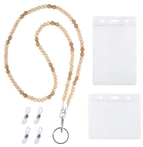 Schlüsselband für Lehrer mit Ausweishalter, 50cm Schlüsselband mit Holzperlen für Ausweise Schlüssel Schlichtes Boho Schlüsselband mit Perlen Geschenk für Frauen Karten Schlüsselanhänger