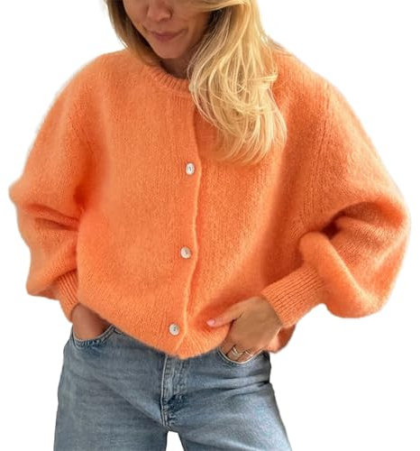 Women's Cardigans Button Open Classic Knit Jumpers Casual Solid Color Warm Fall Knitwear for Streetwear (Orange, M)