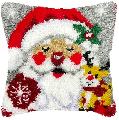 Santa Claus Reindeer Christmas Latch Hook Kits for Adults Kids, Beginners DIY Latch Hook Pillow Kit Pre-Printed Latch Rug Kits Cross-stitch Embroidery Cushion for Home Sofa Decoration 17x17 in.