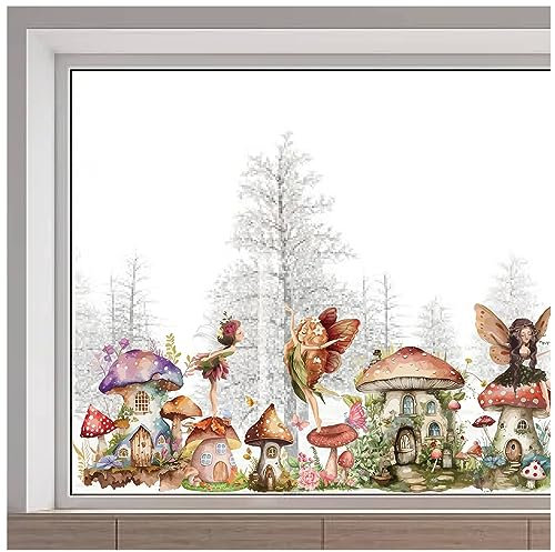 GORGECRAFT 116x38cm Große Nicht Klebende Fensteraufkleber Große Waldpilz Feen Fensteraufkleber Pilzhaus Engel Fensteraufkleber Elfen Blumen Gras Schmetterlinge Fensterfolie Für Glasschiebetüren