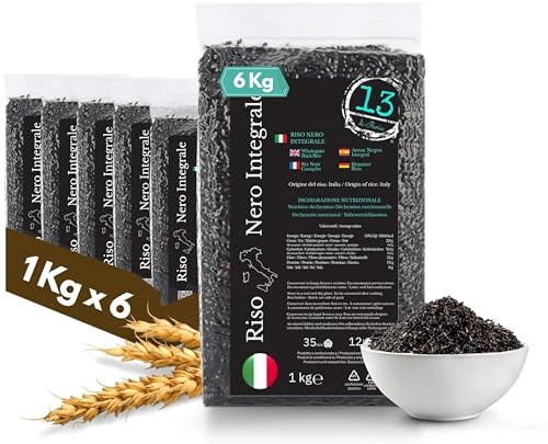 Arroz Negro Integral Italiano 6 kg (6x1 kg) – Tipo Venere – Rico en Fibra | 6 paquetes de 1 kg de arroz negro integral italiano tipo Venere, cultivado en Vercelli y naturalmente sin gluten