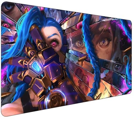 Tapis de souris de jeu League of Legends Jinx - Grand tapis de souris XXL 900 x 400 mm - Dessous en caoutchouc antidérapant - Bords cousus - Pour PC, ordinateur portable, grande protection de bureau