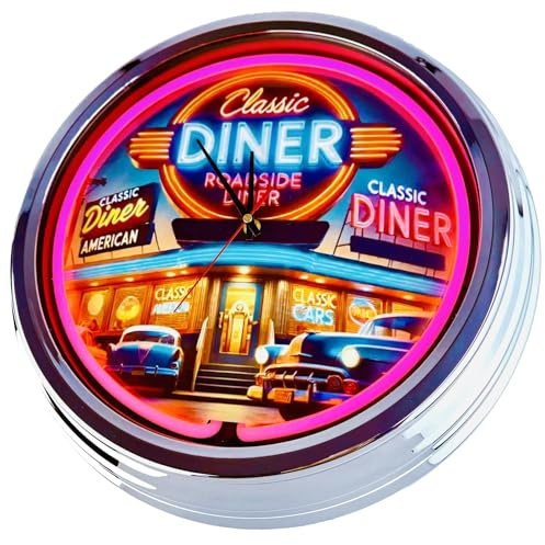 US-Way.de American Diner Nr. 11 Wanduhr Deko-Uhr – 44 cm Durchmesser, ohne Tickgeräusche und gut Lesbares Display, USA 50er-Jahre-Stil Neon-Uhr für Küche, Wohnzimmer, Büro, Rosa