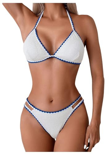 GORGLITTER Triangel Bikini Damen Set Neckholder Bikini Sexy Cut Out Bikini Farbblock Bikinis Zweiteiler Badeanzug Bademode 2 Teiler Weiß M
