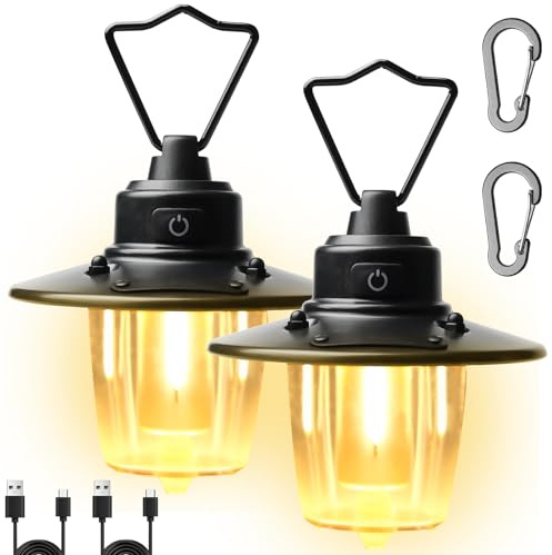 2 lámparas LED recargables, linterna de camping retro con gancho, 3 modos de luz, regulable sin niveles, 2800 mAh, portátil, lámpara de camping, lámpara de tienda de campaña, para exterior, pesca