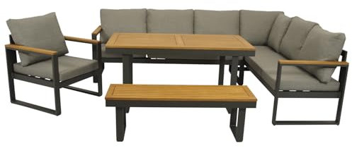 DEGAMO Funktions Eckbankset Diningset Kampala 4-teilig, Aluminium anthrazit + Akazie, Polster Mittelgrau, mit Liegefunktion, Outdoor