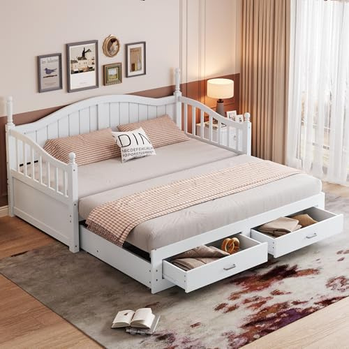 Sofá cama extensible de madera maciza de 90/180 x 190 cm, con columnas romanas, con respaldo y reposabrazos curvados, con cajones y somier, cama multifunción de pino (blanco)