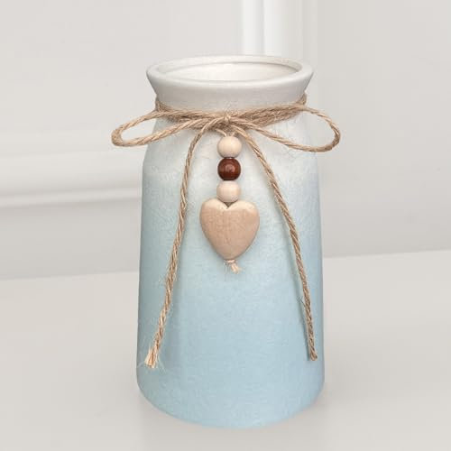 HOPEME Vase en céramique de 15,2 cm avec corde de jute et breloque en forme de cœur, décoration rustique et bohème, vase bleu pour fleurs, herbe de la pampa et fausse verdure