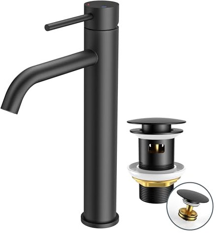 FORIOUS Robinet de Lavabo pour Salle de Bain avec Bonde de Vidage, Mitigeur Haut en Noir avec Hauteur de Bec de 190 mm, Mitigeur à Levier Unique pour Lavabo dans la Salle de Bain