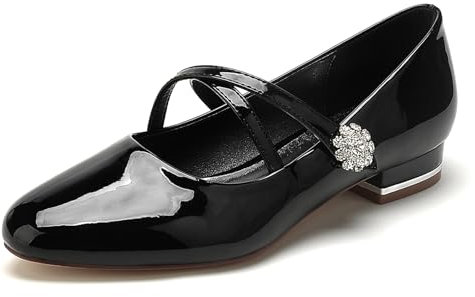 Gycdwjh Sandalo Appartamenti in Pelle Verniciata da Donna Cinturini alla Caviglia Strass Ballerine da Sposa Punta Arrotondata Slip On,Nero,38 EU