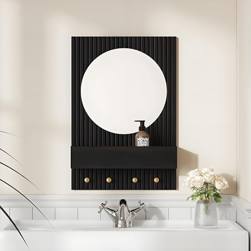 MROJISC Wandspiegel, Spiegel mit 4 Integrierten Haken Flurspiegel Modern Badspiegel Dekorative Spiegel für Flur, Badezimmer, Wohnzimmer, Schlafzimmer, Schwarz