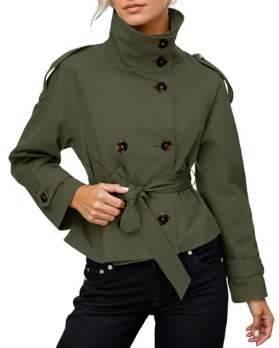 Gefomuofe Trenchcoat Damen Kurz Stehkragen Übergangsmantel mit Gürtel Kurzmantel Sportlich Herbstjacke Business Casual Jacke Einfarbig Windjacke Oberbekleidung