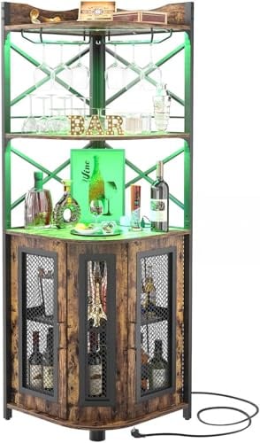 iSunirm Eck-Barschrank mit Steckdose, industrieller Weinschrank mit LED-Streifen und Glashalter, 5-stöckiges Spirituosenregal für Zuhause, Eckvitrine für kleine Räume, Braun
