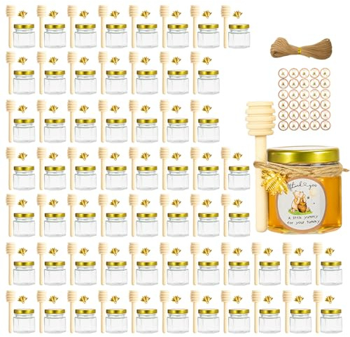 Youyijia 60er Set Mini Honiggläser – 1,5oz Hexagon-Glasflaschen mit Holz-Dipper, Goldener Deckel, Bienenanhänger, Jutesackabdeckung & Etiketten für Hochzeiten & Partygastgeschenke