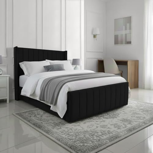 King Size Upholstered Ottoman Gas Lift Bed Frame in Plush Black Fabric - Strong Structure, Easy to Clean, Ample Storage Space, Includes Option for Mattress - Stylish and Functional Bedroom Solution