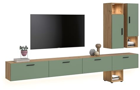 xonox.home – Wohnkombination inkl. Beleuchtung The One 300x178x34 cm in Artisan Oak und Smoke Green – XXL Wand mit 2 Türen, 4 Klappen & LED – 15 Fächer Sorgen für Ordnung & EIN schönes Wohnerlebnis