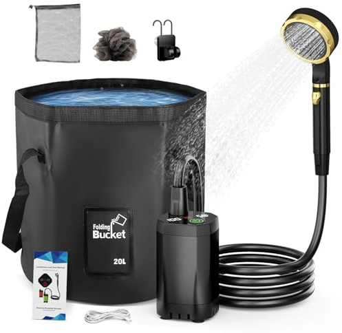 Douche Solaire Mobile, Douche De Camping Portable Avec Pompe – Batterie 7800 mAh Débit D'eau Réglable Écran Numérique Intelligent Seau Pliable De 20 L, Douche D'extérieur Pour Le Camping, Les Voyages