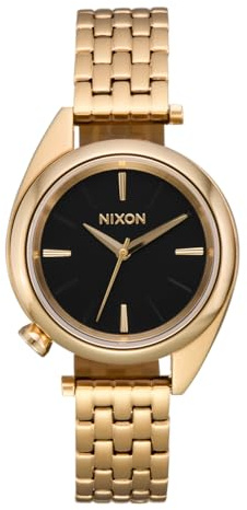 Nixon Eddy Damen Armbanduhr Gold Schwarz, Quarz Analog Uhr mit Edelstahlgehäuse 38 x 29 mm und Edelstahlarmband, 10 bar wasserdicht, A1459-510-00