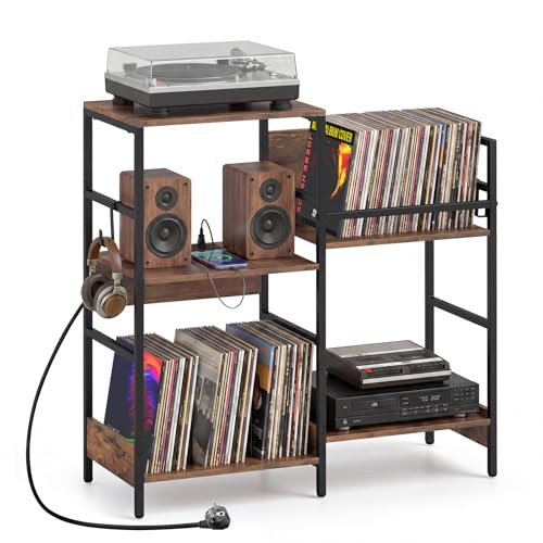 COSTWAY Soporte para Tocadiscos con Estación de Carga (78,5×30×79cm) | Mueble Tocadiscos Vinilos con Separadores, 3 Ganchos, Mueble de Almacenamiento de 3 Niveles para Discos Álbumes Salón